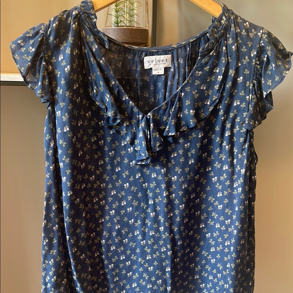 Velvet by Graham & Spencer Blue Ruffled Cap Sleeve Blouse
